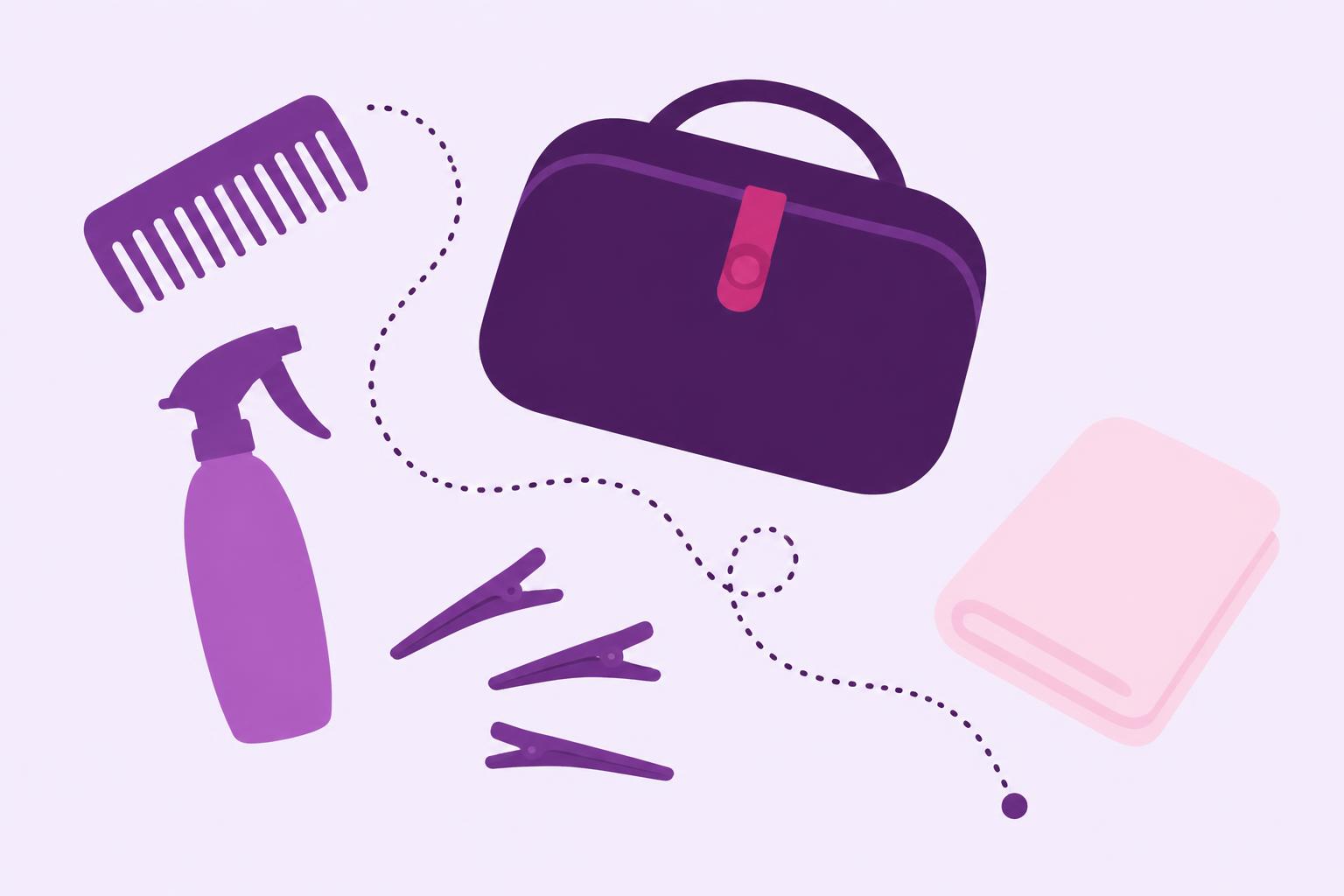 Illustration of a traveling braiding kit: bag, comb, spray bottle, clips and towel